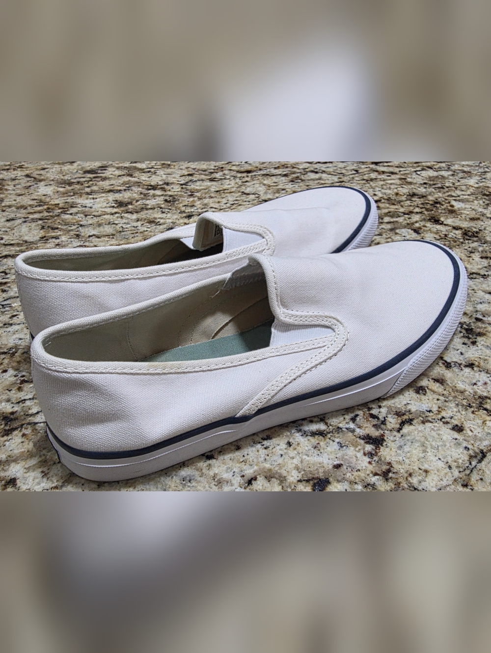 Sperry Men's Slip-On Canvas Loafers in Off-White with Navy Trim